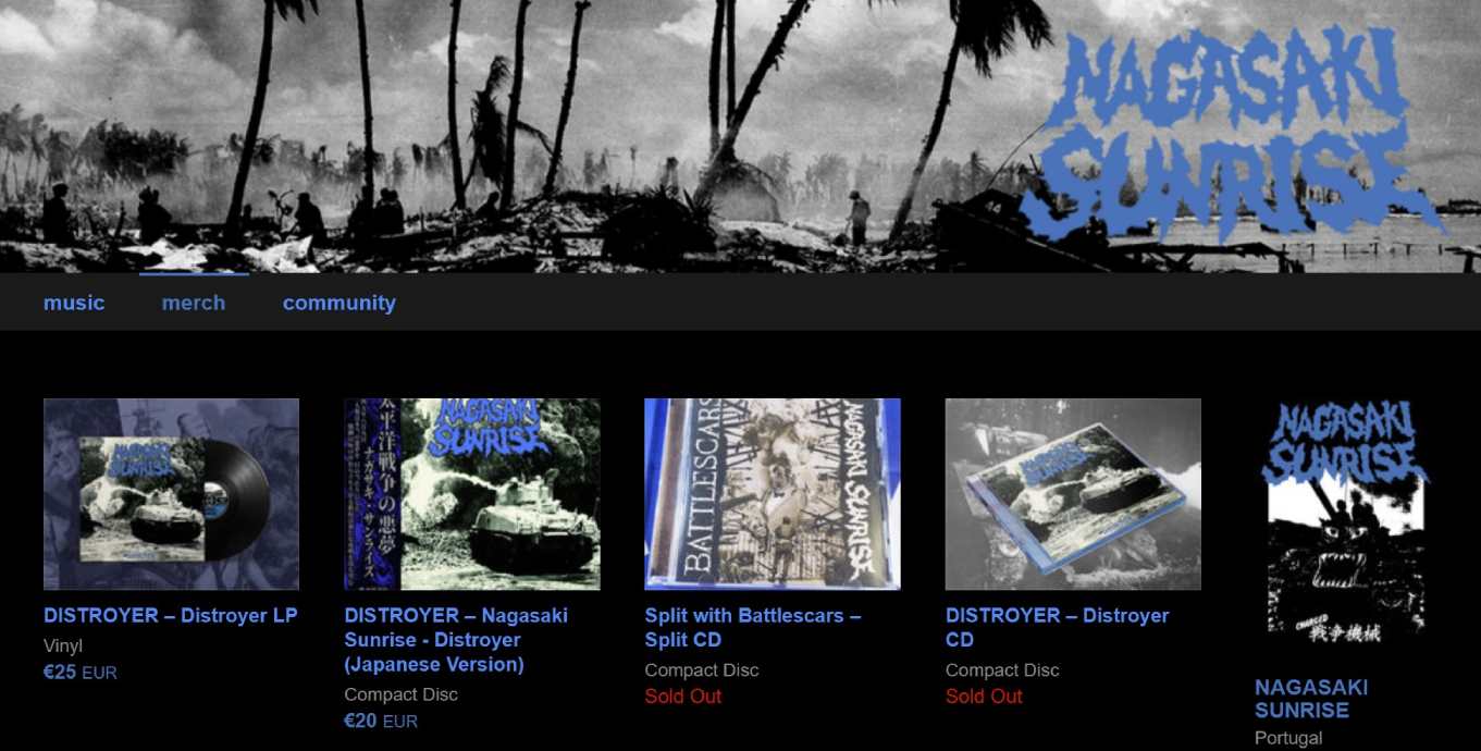 Official Nagasaki Sunrise merchandise including t-shirts, patches, and albums