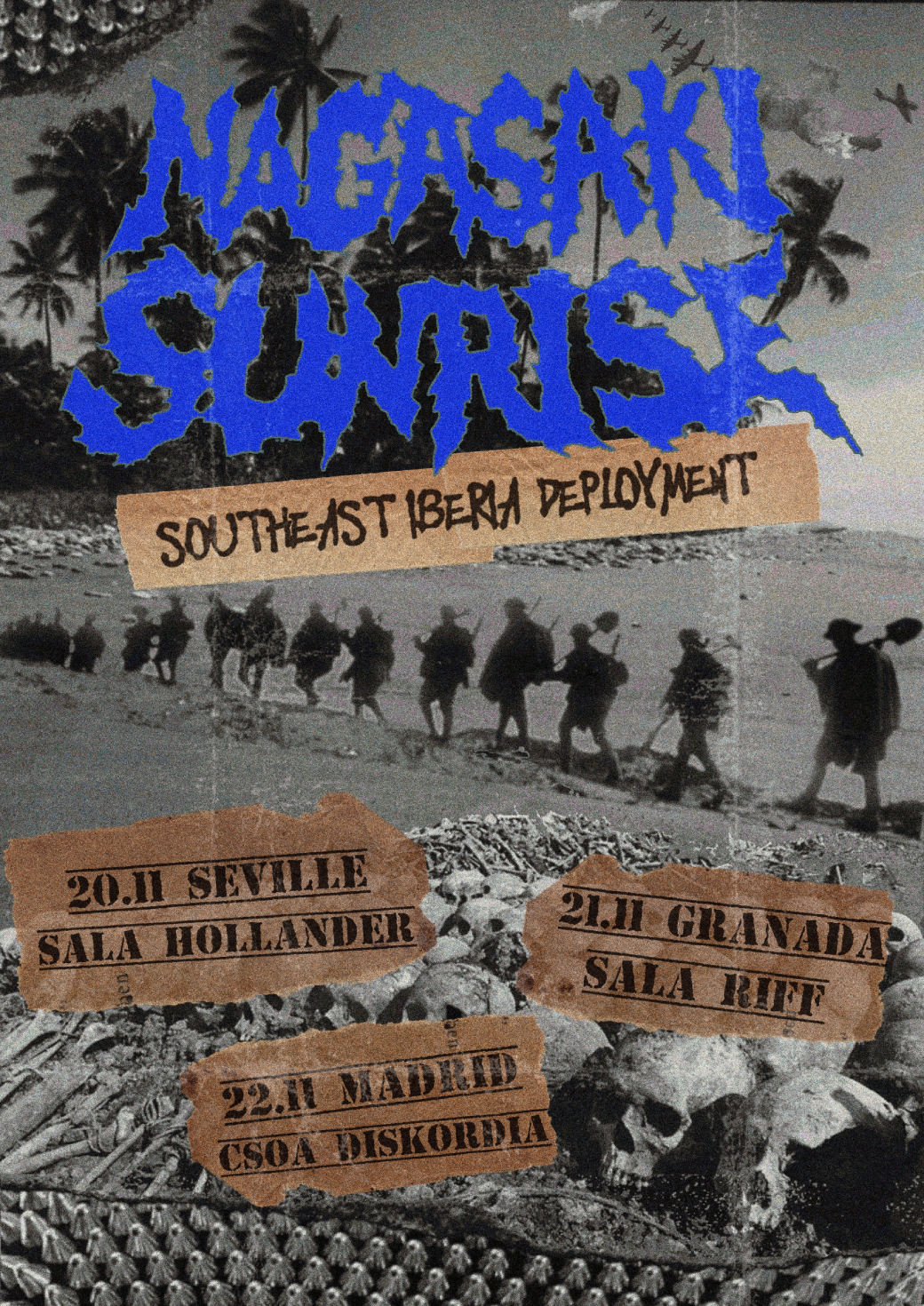 Tour poster for Southeast Iberia Deployment featuring concert dates in Sevilla, Granada, and Madrid from November 20-22, 2025